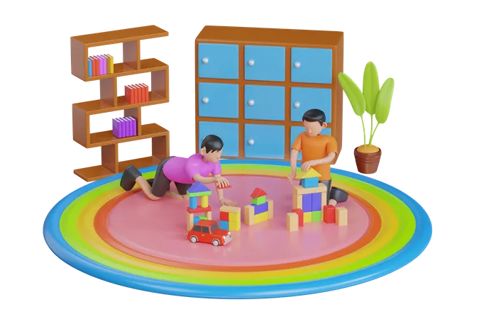 Enfants jouant avec des blocs de jouets colorés  3D Illustration