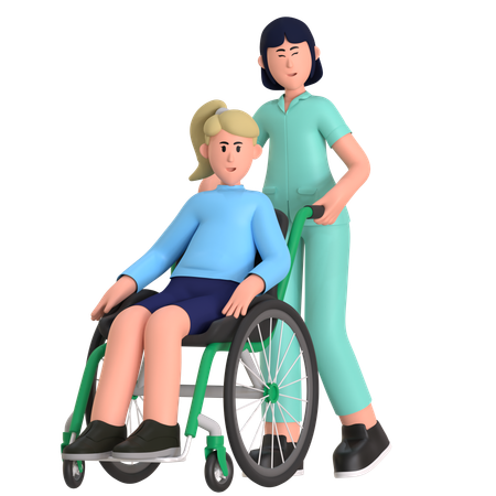 Enfermeira ajudando paciente com cadeira de rodas  3D Illustration