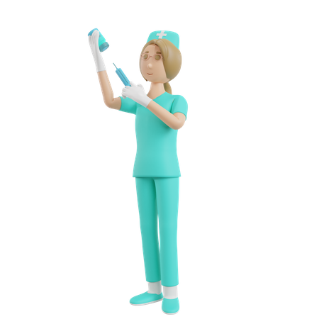Enfermeira segurando vacina e injeção  3D Illustration