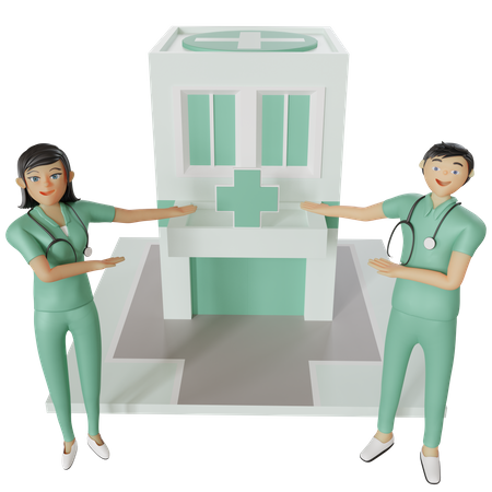 Enfermeiras apontando o prédio do hospital  3D Illustration