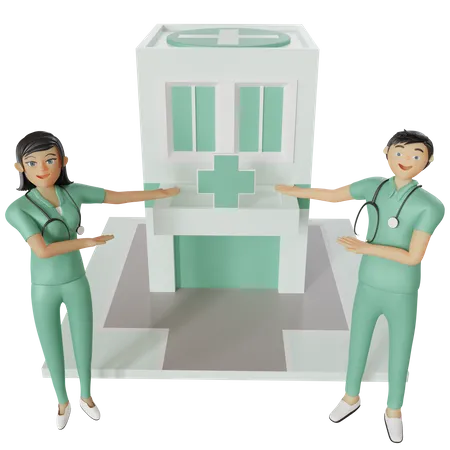 Enfermeiras apontando o prédio do hospital  3D Illustration