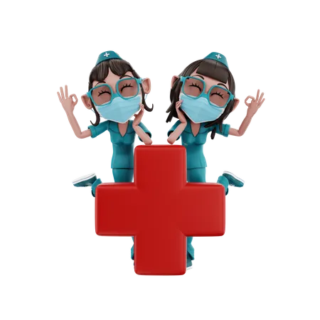 Enfermeiras com placa de hospital  3D Illustration