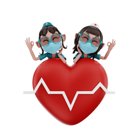 Enfermeiras em pé com sinal de coração  3D Illustration