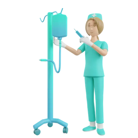 Ilustracion De Enfermera En 3 D Con Inyeccion Medica E Infusion Medica 3D Illustration