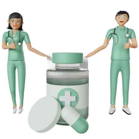 Enfermera señalando el frasco de medicina  3D Illustration