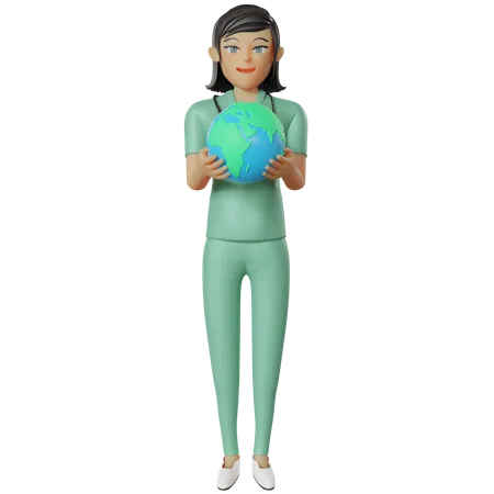 Enfermera sosteniendo globo terráqueo  3D Illustration