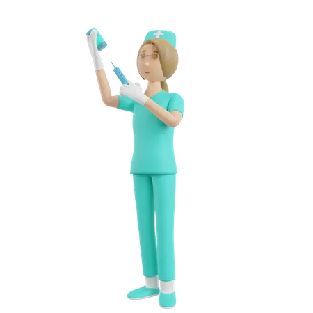 Enfermera sosteniendo vacuna e inyección  3D Illustration