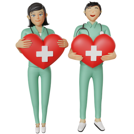 Enfermeras de atención médica sosteniendo el corazón  3D Illustration