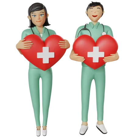 Enfermeras de atención médica sosteniendo el corazón  3D Illustration