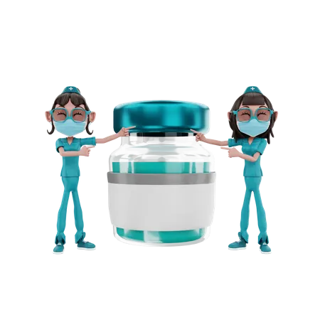 Enfermeras mostrando frasco de medicina  3D Illustration