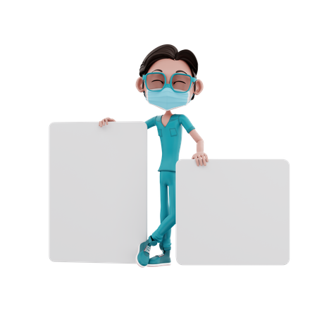 Enfermero de pie detrás de un tablero en blanco  3D Illustration