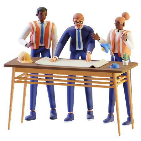 Engenheiro apresenta plano de construção aos trabalhadores 3D Icon