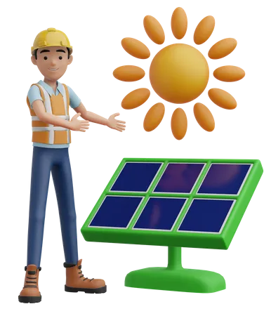 Engenheiro e Painel Solar  3D Illustration