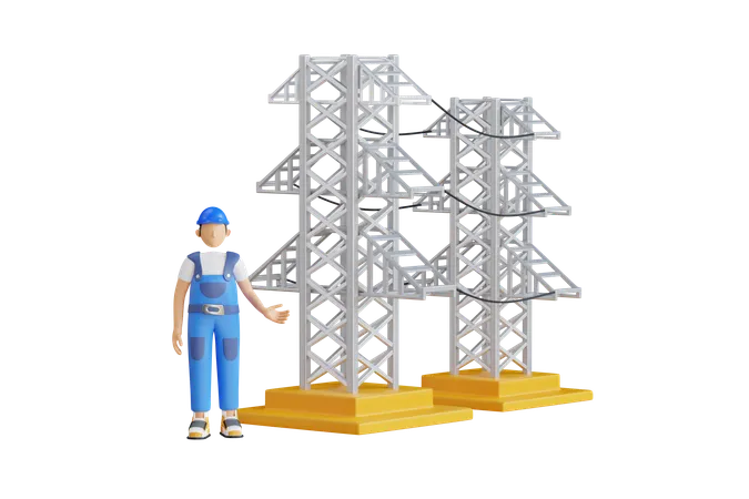 Engenheiro elétrico perto da torre de eletricidade  3D Illustration