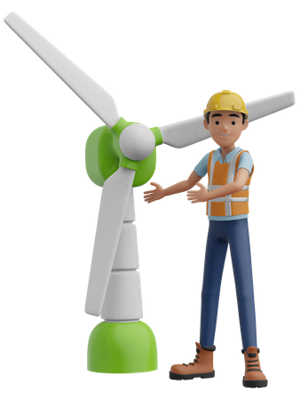 Engineer and Electric Windmill  3D Illustration
