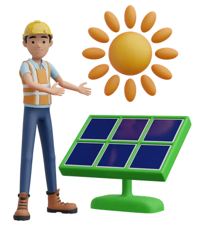 Engineer and Solar Panel  3D Illustration