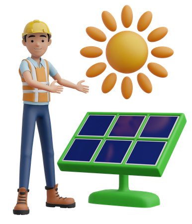 Engineer and Solar Panel  3D Illustration