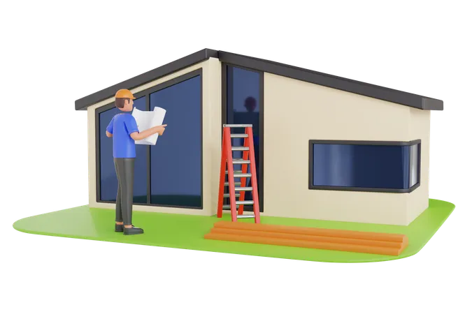Engineer Holding Building Plan 3 D Illustration Builder With House Plan Illustration 3D Illustration