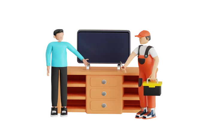 Engineer Is Repairing Television  3D Illustration