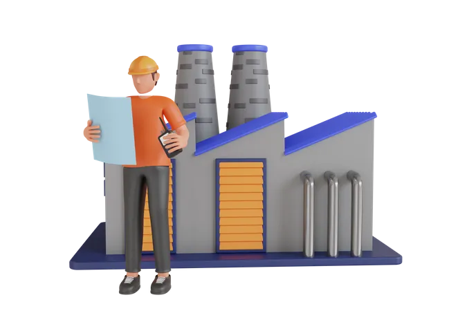 3 D Illustration Of Engineer In The Factory Engineer Looking Of Working At Industrial Machinery And Check Security System In Factory 3D Illustration
