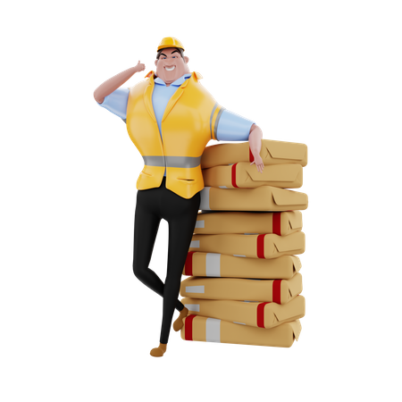 Engineer standing with piles of goods  3D Illustration