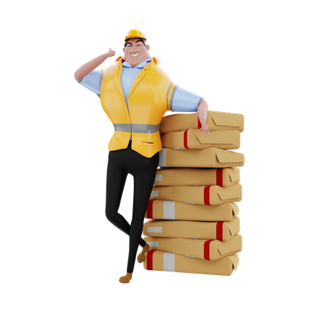 Engineer standing with piles of goods 3D Illustration