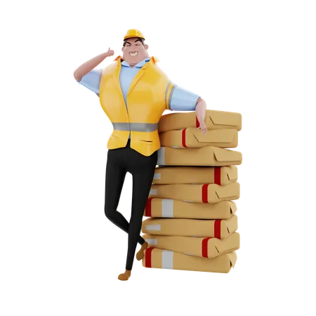 Engineer standing with piles of goods  3D Illustration