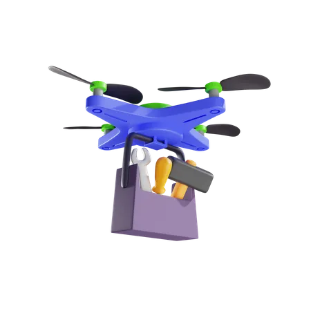 Entrega de maleta de transporte com diversas ferramentas por drone  3D Illustration