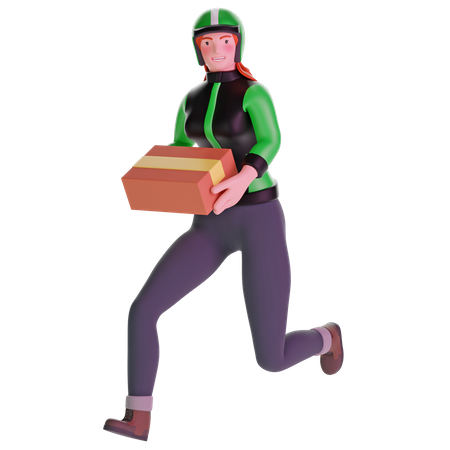 Entregadora correndo rápido segurando pacote de papelão  3D Illustration