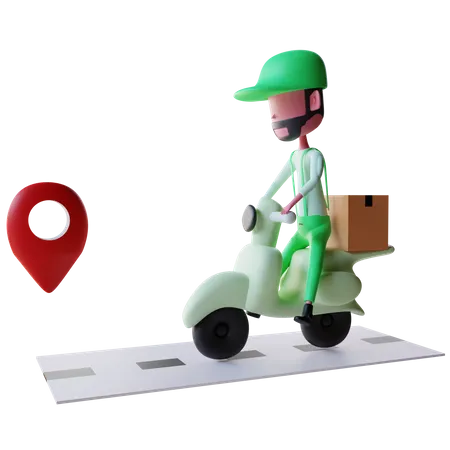 Entregador chegando ao local de entrega em scooter  3D Illustration