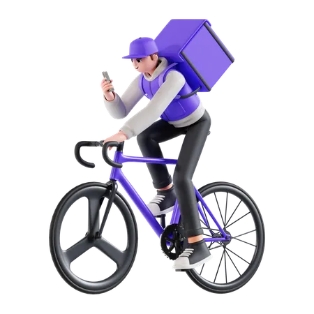 Entregador andando de bicicleta enquanto verifica a localização  3D Illustration