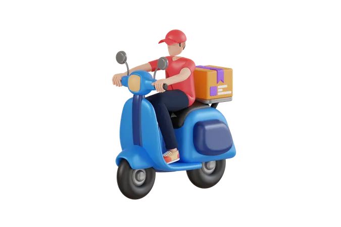 Entregador andando de motocicleta com caixa de entrega  3D Illustration