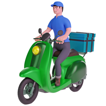 Entregador andando de moto com caixa de entrega  3D Illustration