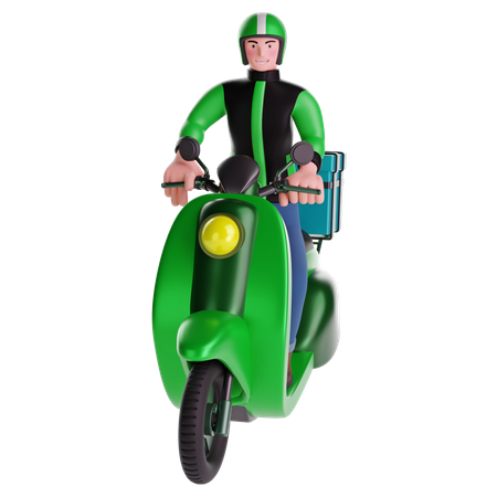 Entregador andando de moto com caixa de entrega  3D Illustration