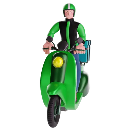 Entregador andando de moto com caixa de entrega  3D Illustration