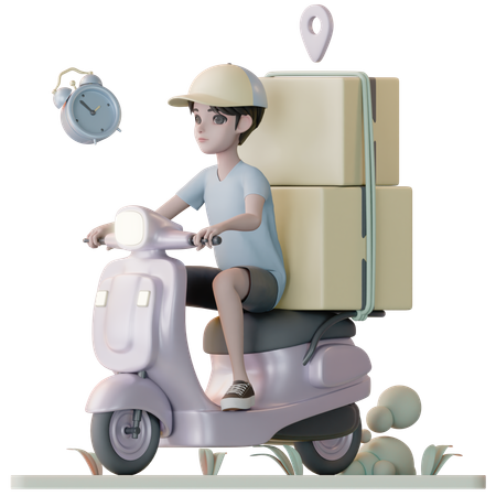 Entregador andando de scooter enquanto vai fazer entrega  3D Illustration