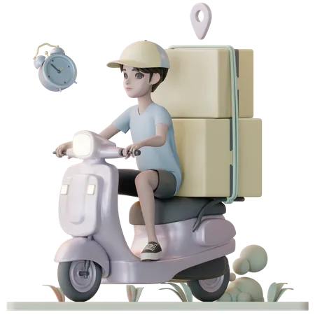 Entregador andando de scooter enquanto vai fazer entrega  3D Illustration
