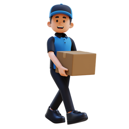 Entregador carregando caixa de papelão e caminhando  Ícone 3D
