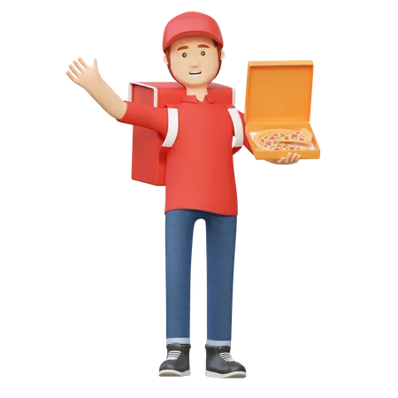 Entregador com caixa de pizza  3D Illustration