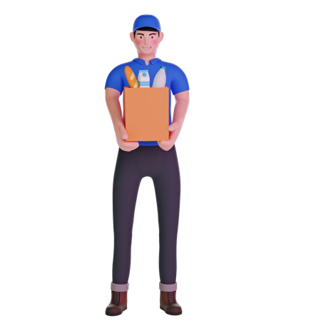 Entregador de mantimentos de uniforme com sacola de compras  3D Illustration
