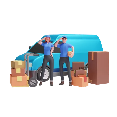 O entregador e a entregadora fazem continência na frente da van  3D Illustration