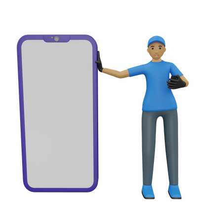 Entregador em pé com tela do celular em branco  3D Illustration