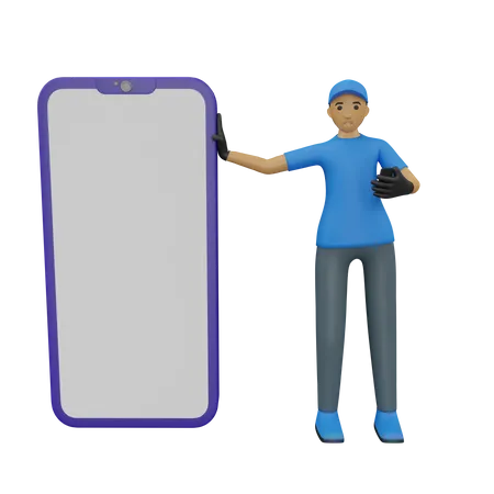 Entregador em pé com tela do celular em branco  3D Illustration