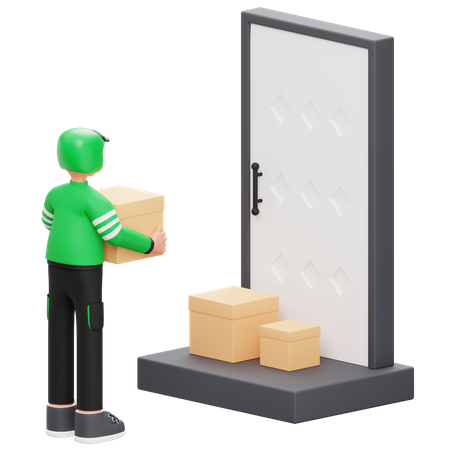 Entregador entrega pacotes na porta  3D Illustration