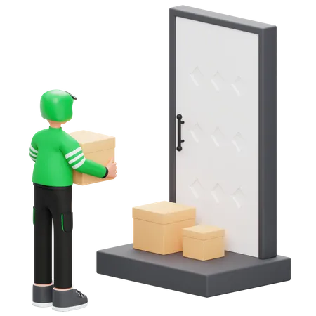 Entregador entrega pacotes na porta  3D Illustration