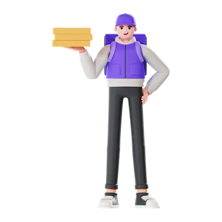 Entregador entrega pizza  3D Illustration
