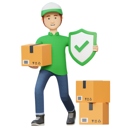 Entregador enviando caixa de pacote com proteção de seguro  3D Icon