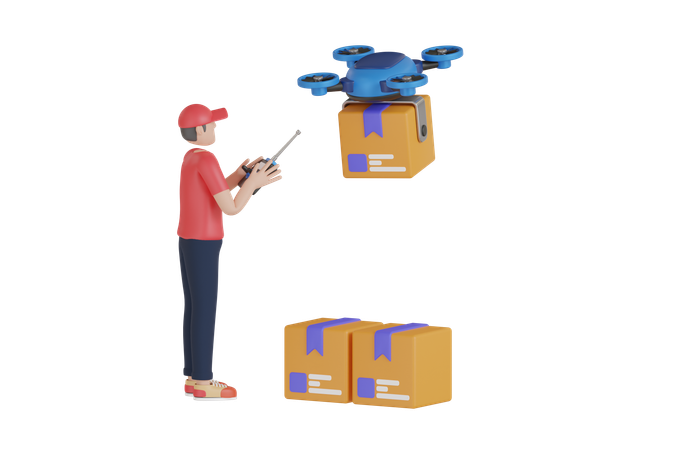 Entregador fazendo entrega com drone  3D Illustration