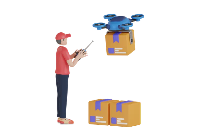 Entregador fazendo entrega com drone  3D Illustration