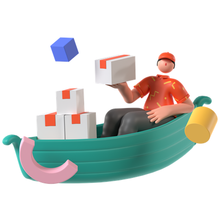 Entregador fazendo transporte de barco  3D Illustration